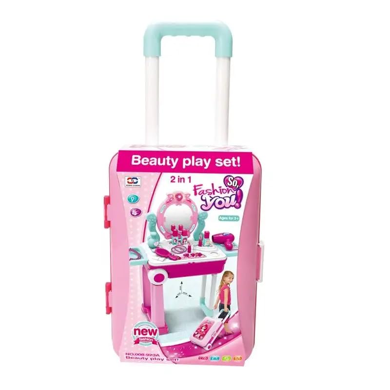 2-in-1 Beauty Makeup Kit for Girls – Vanity Table & Portable Trolley Pretend Play Set with 21 Accessories (Pink)