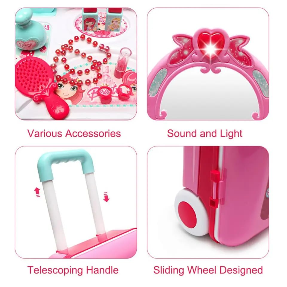 2-in-1 Beauty Makeup Kit for Girls – Vanity Table & Portable Trolley Pretend Play Set with 21 Accessories (Pink)