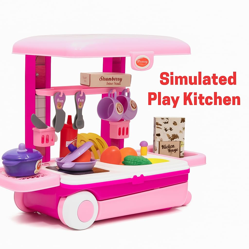 Little Chef 3-in-1 Kitchen Toy Set – Pretend Cooking Play Kit with Trolley Suitcase, Lights & Sounds for Kids