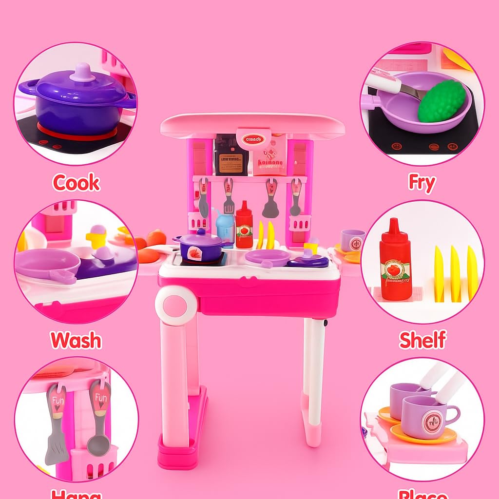 Little Chef 3-in-1 Kitchen Toy Set – Pretend Cooking Play Kit with Trolley Suitcase, Lights & Sounds for Kids