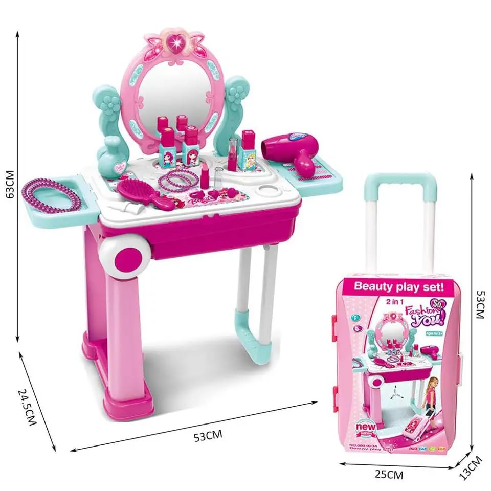 2-in-1 Beauty Makeup Kit for Girls – Vanity Table & Portable Trolley Pretend Play Set with 21 Accessories (Pink)