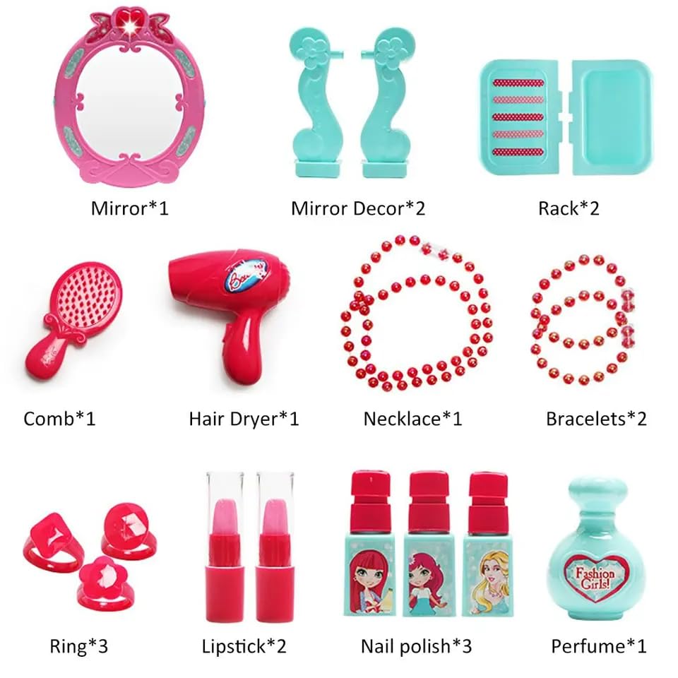 2-in-1 Beauty Makeup Kit for Girls – Vanity Table & Portable Trolley Pretend Play Set with 21 Accessories (Pink)