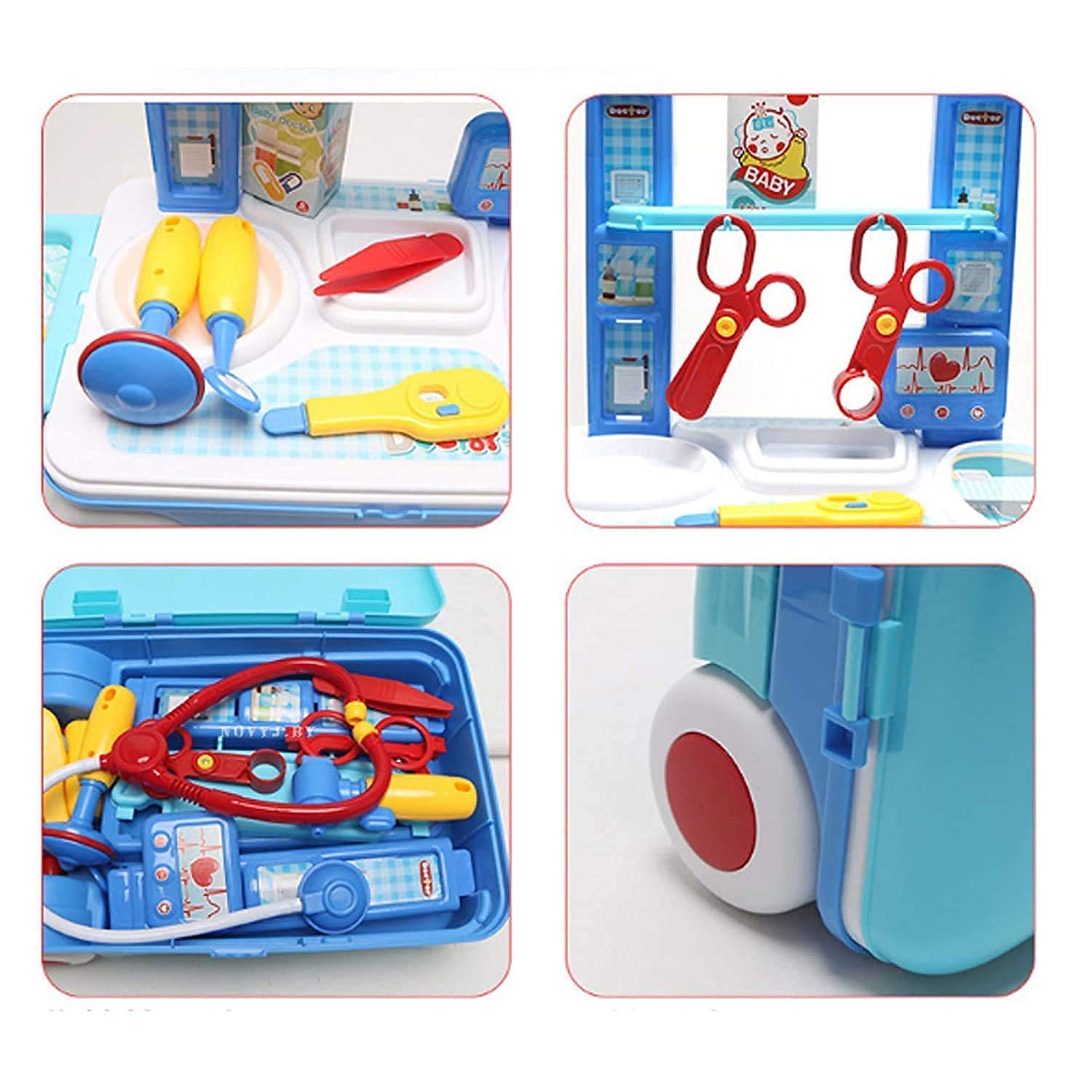 Set of colorful toy medical tools in a blue case