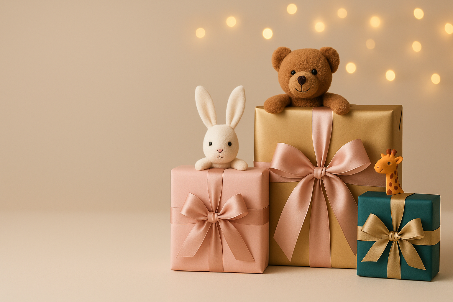 A stylish and realistic landscape slideshow banner (1920x1080), featuring beautifully wrapped gift boxes with elegant ribbons and small toys peeking out, staged on a clean, modern background with soft festive lighting. Use contemporary colors like gold, blush pink, and teal. Leave the left side uncluttered with smooth gradient space for text overlay. A chic and modern gifting vibe, perfect for an online toy and gift store.