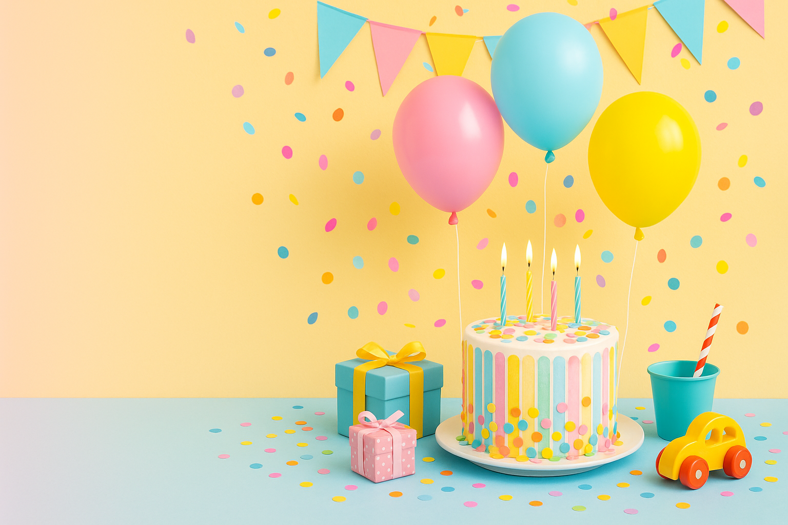 A vibrant, modern website slideshow banner in landscape format (1920x1080), styled like a real birthday party scene with balloons, confetti, colorful cake, and toy gifts on a decorated table. Bright realistic photography look with today’s trendy party colors (pastel blue, yellow, pink). Leave the left side clean with soft background space for adding promotional text. Energetic, fun, and celebratory design for promoting birthday gift specials.