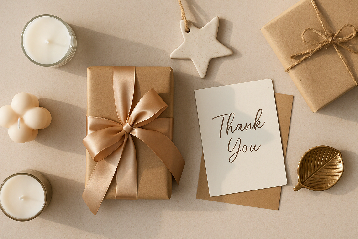 “Modern, realistic banner displaying curated gift items like elegant wrapping, candles, artisanal trinkets, and greeting cards on a minimalist background. Soft, natural lighting, warm tones, and high-detail textures. Clean, contemporary styling with space for overlay text. Suitable for a trendy online gift shop in 2025.” in 300x100 pixels