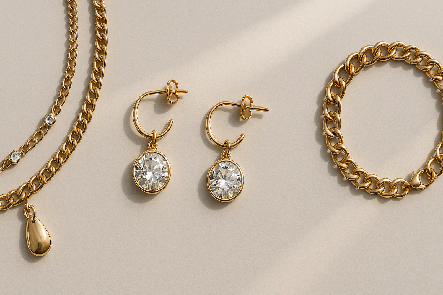 “Realistic, modern banner featuring artificial jewellery like necklaces, earrings, and bracelets on a sleek, contemporary background. Soft, natural lighting with reflections highlighting jewellery details. High-resolution, realistic textures, minimalistic style with neutral tones, and space for overlay text. Trendy and appealing for today’s fashion-conscious online shoppers.” in 300x100 pixels