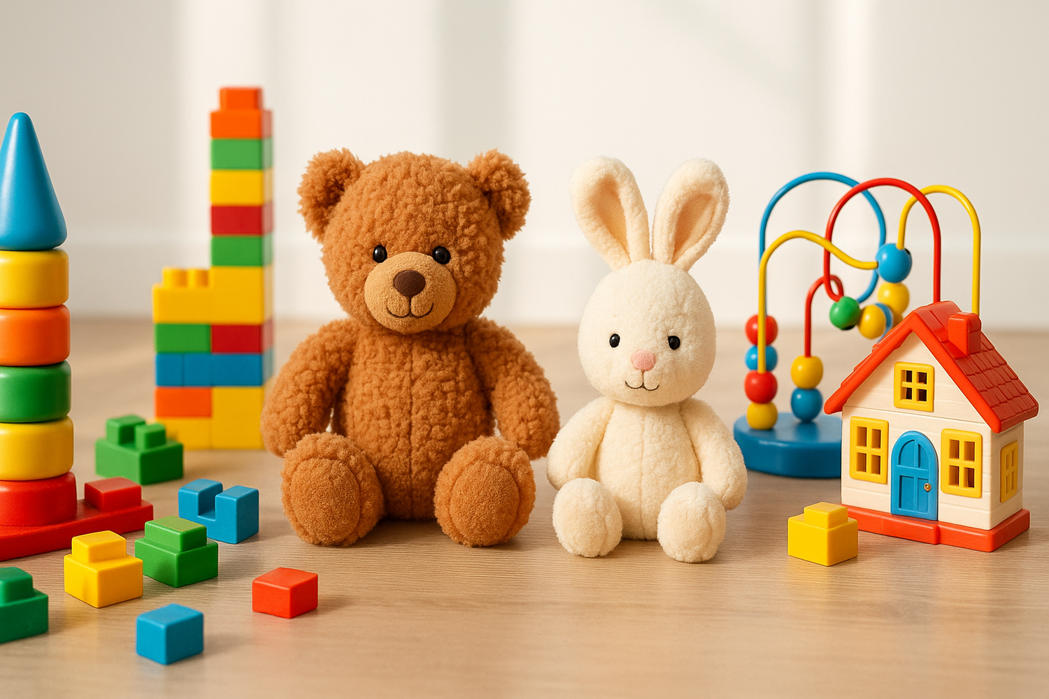 “Realistic, modern banner featuring children’s toys in a bright, lively setting. Include colorful building blocks, plush toys, and interactive playsets arranged naturally. Soft, natural lighting with a clean, contemporary background. Focus on high-quality textures and realistic shadows, with space for overlay text. Trendy, cheerful, and appealing for today’s online toy shoppers.” in 300x100 pixels