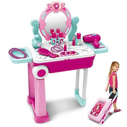 2-in-1 Beauty Makeup Kit for Girls – Vanity Table & Portable Trolley Pretend Play Set with 21 Accessories (Pink)