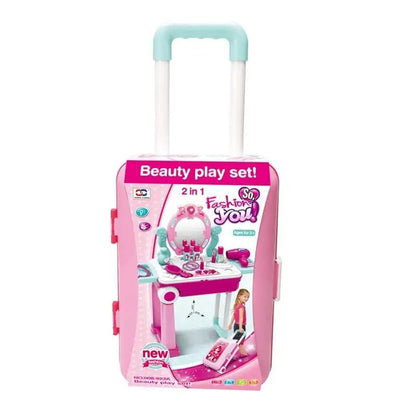 2-in-1 Beauty Makeup Kit for Girls – Vanity Table & Portable Trolley Pretend Play Set with 21 Accessories (Pink)