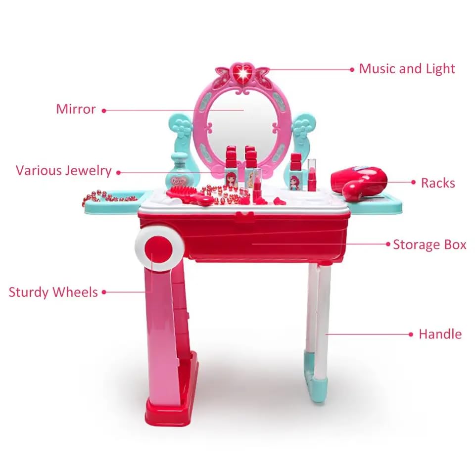 2-in-1 Beauty Makeup Kit for Girls – Vanity Table & Portable Trolley Pretend Play Set with 21 Accessories (Pink)