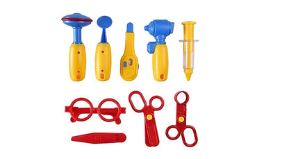Set of colorful tools including syringes and scissors on a white background
