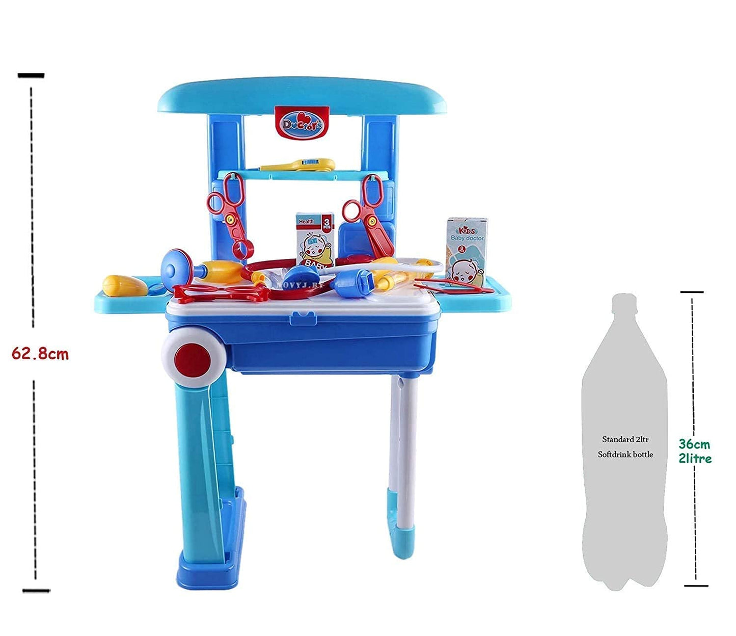 Toy doctor's desk with tools and measurements on a white background