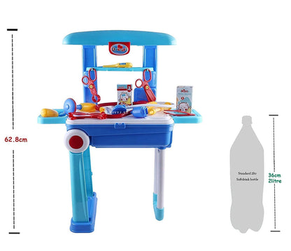 Toy doctor's desk with tools and measurements on a white background