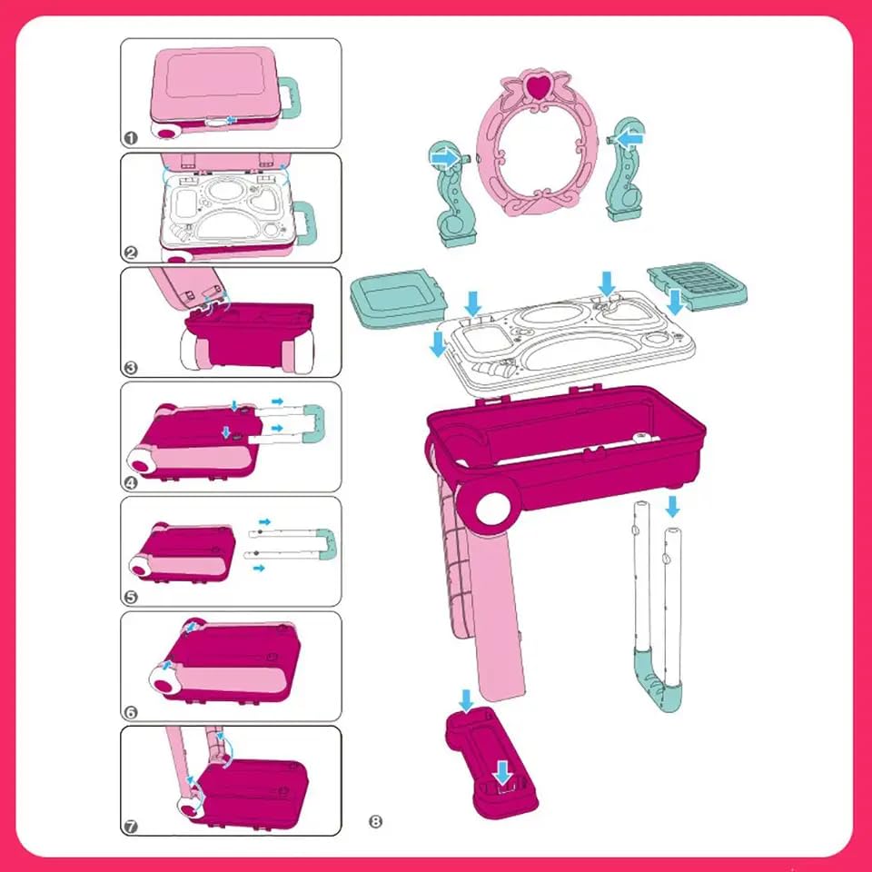 2-in-1 Beauty Makeup Kit for Girls – Vanity Table & Portable Trolley Pretend Play Set with 21 Accessories (Pink)