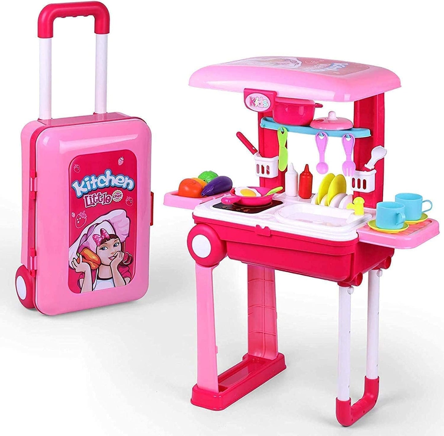 Little Chef 3-in-1 Kitchen Toy Set – Pretend Cooking Play Kit with Trolley Suitcase, Lights & Sounds for Kids