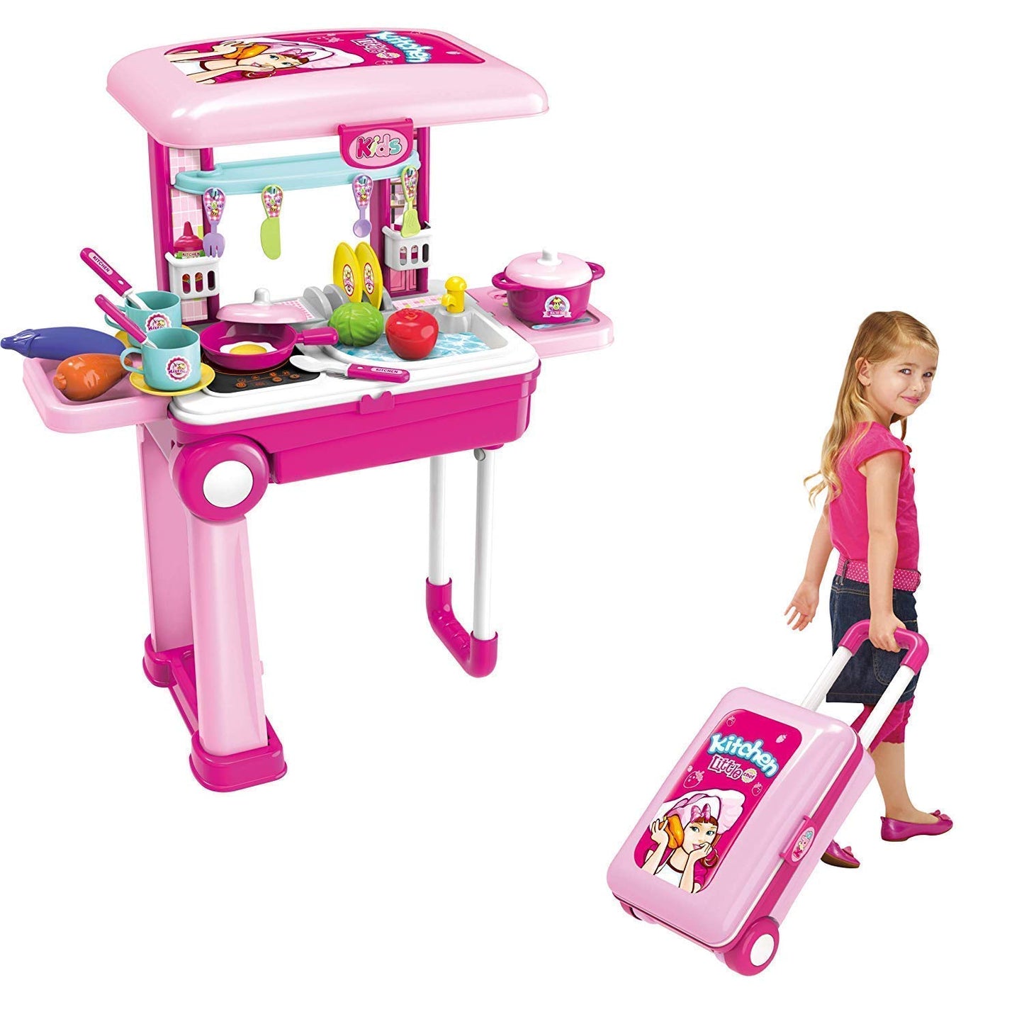 Little Chef 3-in-1 Kitchen Toy Set – Pretend Cooking Play Kit with Trolley Suitcase, Lights & Sounds for Kids