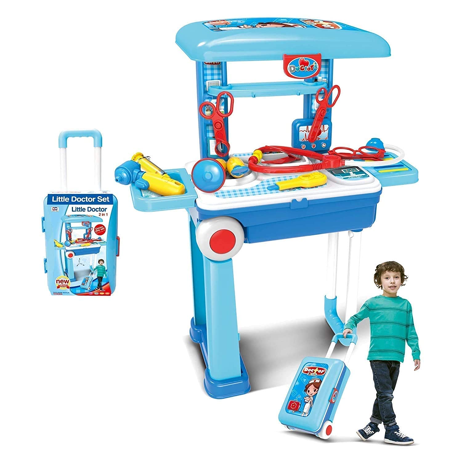 Toy doctor's desk set with tools and a child model, on a white background